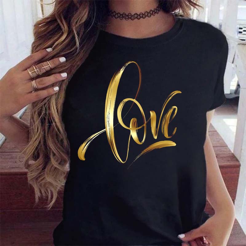 New Women T Shirt Gold Letter Love Print T Shirt Female Short Sleeve Tops Tee 90s Girls Black T-shirt Women Casual Tee Shirts