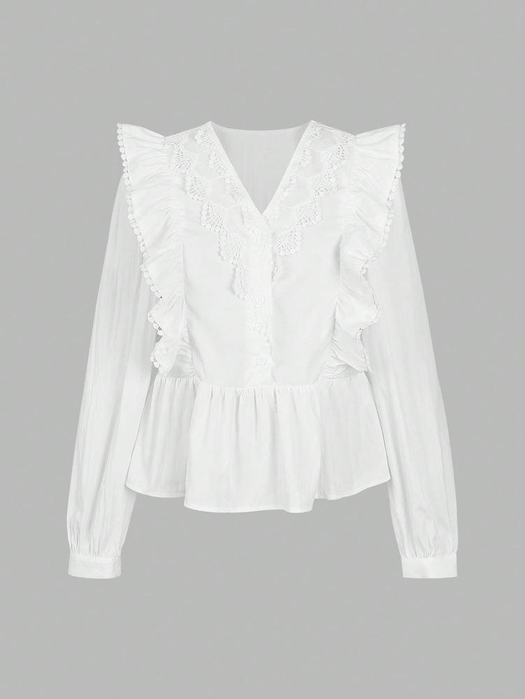 2026 Autumn Women's Casual Lace Patchwork Ruffle Long Sleeve Top