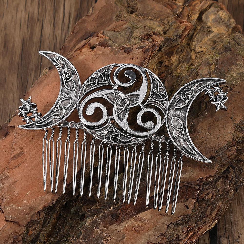 1pc Novel Celtic Triple Moon Hair Comb Antique Finish Intricate Pagan Wiccan Vibes Ideal Boho Ritual Styles Mystical Fashion