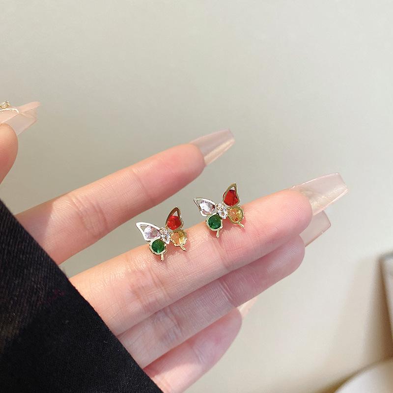 Silver needle colored butterfly zircon stud earrings women's small temperament earrings super fairy Internet celebrity earrings