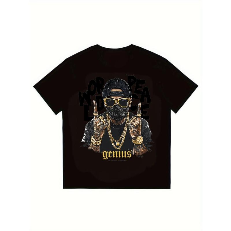 

Black T Shirt Men Streetwear Graphic Print Hip Hop Rapper Design World Peace Genius Text Urban Fashion Casual Wear For Daily Outfits And Music Events XXXXL