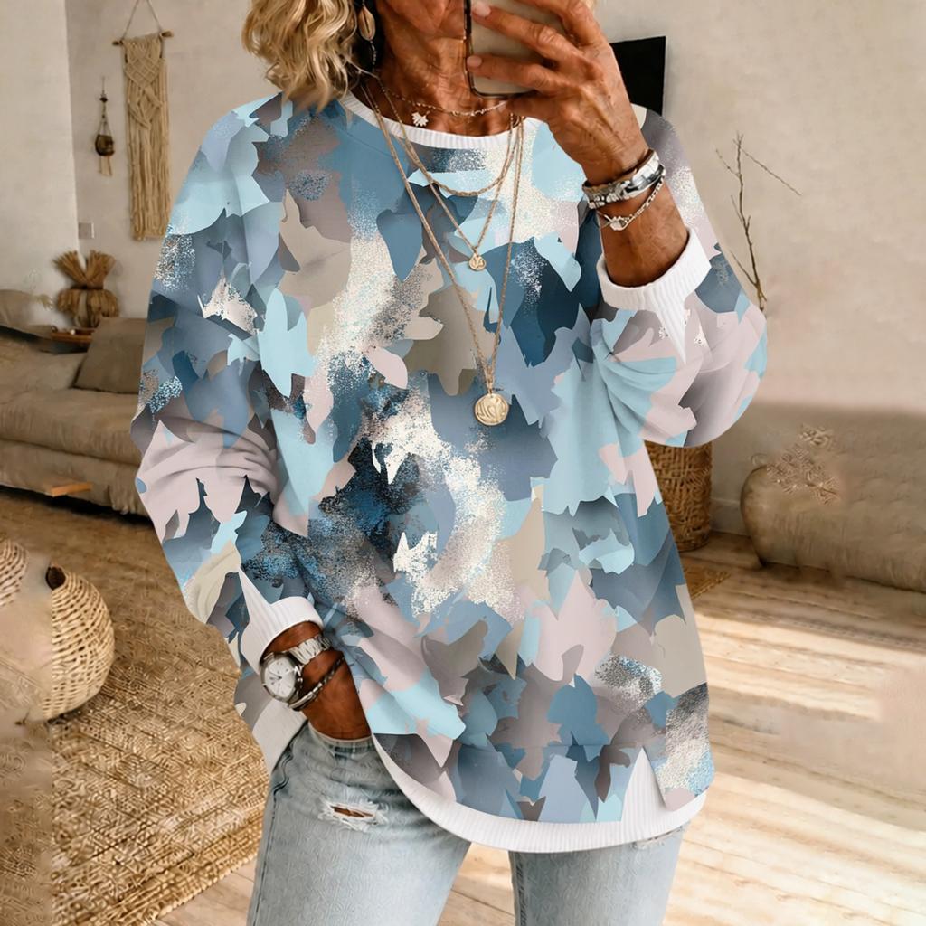 Women's Fashion Casual Camouflage Print Long Sleeve Round Neck Pullover Top