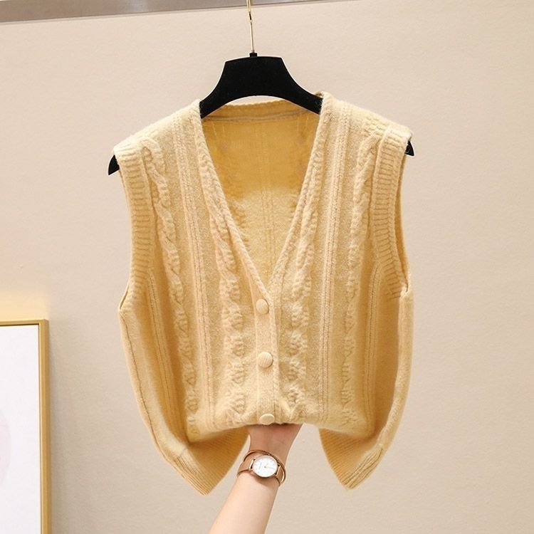 Dámský propínací svetr Vlněný pletený kardigan Vesta Volný copánkový vzor Preppy styl Vesta Bez rukávů Svrchní oděv