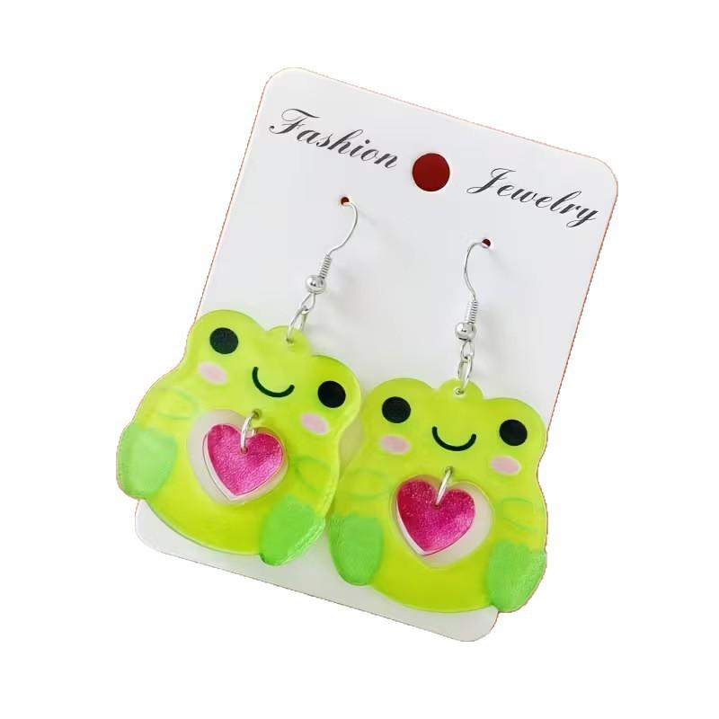 Cross-border New Cute Little Frog Love Earrings 2D Acrylic Creative Cartoon Animal Green Frog Earrings