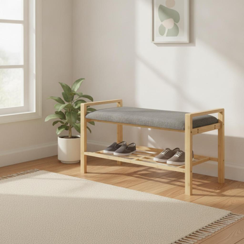 Bamboo Shoe Bench with Shelf Comfortable Furniture Stable for Bedroom