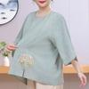Women's Plus Size Chinese Embroidery Top – 3/4 Sleeve Round Neck Textured Blouse (Sizes 3XL-8XL) for Middle-Aged Ladies