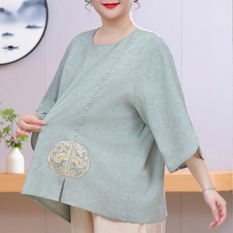 Women's Plus Size Chinese Embroidery Top – 3/4 Sleeve Round Neck Textured Blouse (Sizes 3XL-8XL) for Middle-Aged Ladies