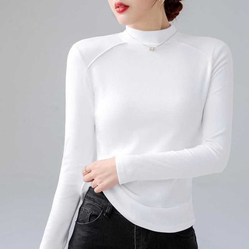 Blusa Feminina de Outono e Inverno Quente de Manga Comprida Gola Média Camiseta Básica
