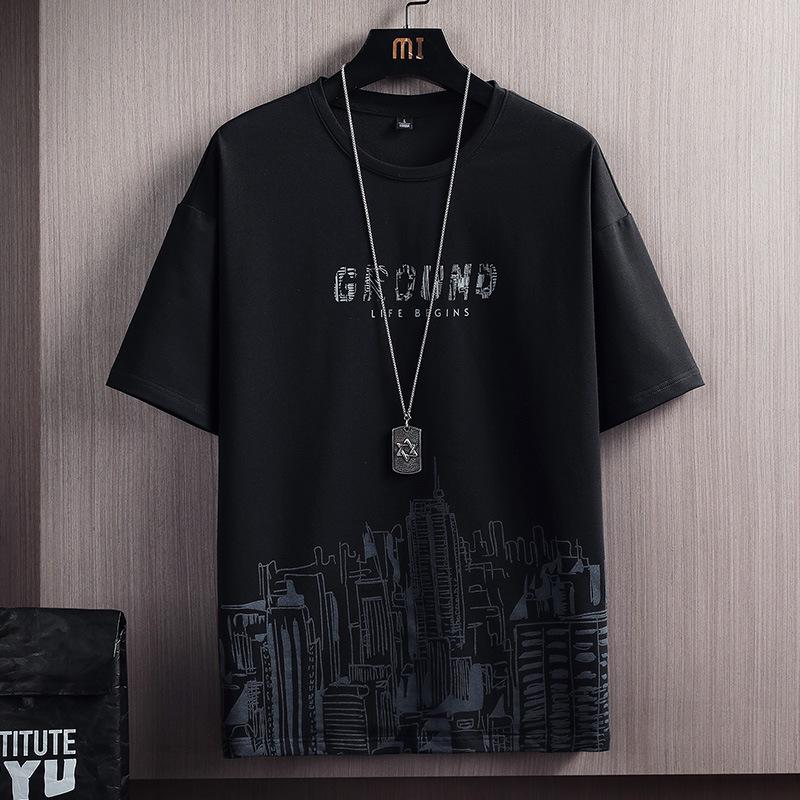 Conjunto masculino de camiseta e shorts slim fit com estampa de montanha nevada para o verão - Tendência da moda coreana