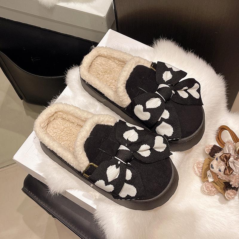 Fleece warm bow cotton slippers women's winter ins tide Korean version soft thick bottom cotton mop fashionable outer wear casual cotton mop