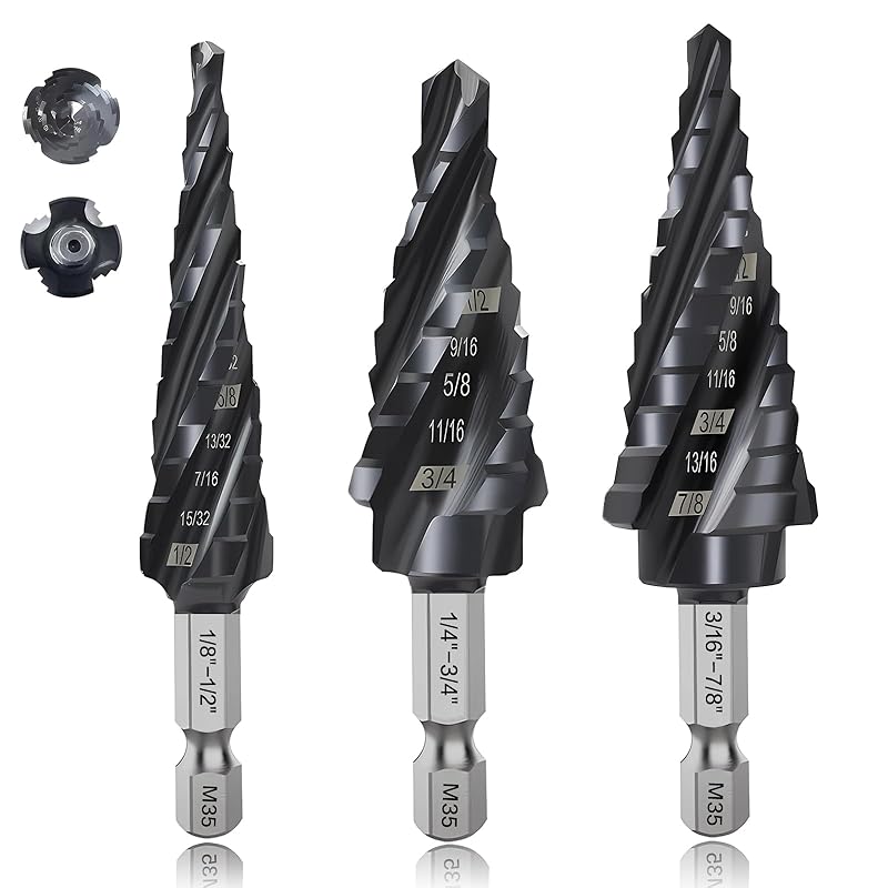 3-pc Step Drill Bit Set for Metal Wood 1/8"-7/8", 4-Spiral Flutes, M35 HSS Cobalt Unibits, 1/4" Hex Shank, Al-Ti-N Coated Drill Bits for 19 SAE Size