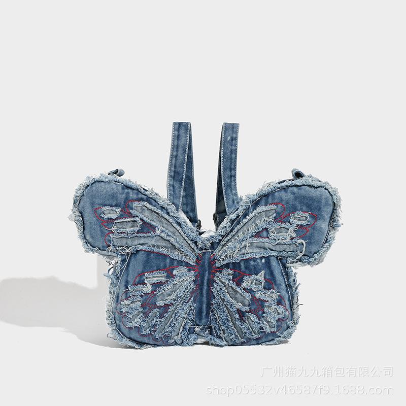 

Women Niche Design Washed Denim Bag, Butterfly Special-shaped Punk Denim Bag, Multi-way Shoulder Crossbody Backpack