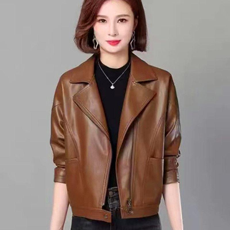 

Хаининг короткая кожаная куртка женская осенняя свободная короткая приталенная куртка-косуха приталенная женская кожаная куртка L 90/55kg