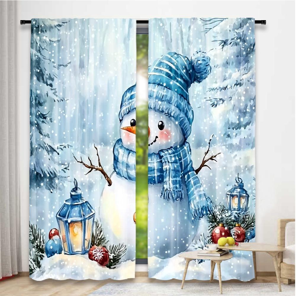 Flat Printing Christmas Curtains Cartoon Blue Santa Hat Snowman Print Digital Printed Polyester Drapes Festive Holiday Set Of 2 Made