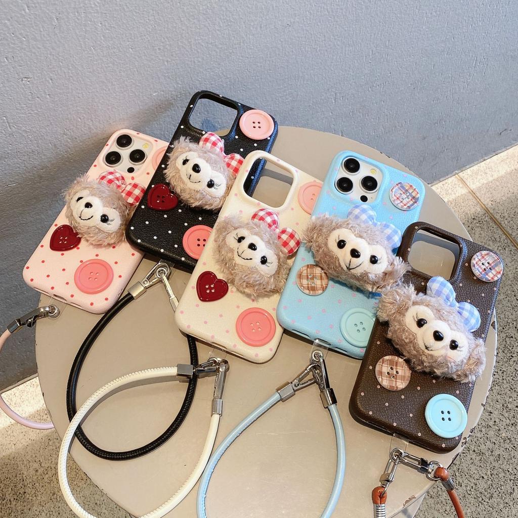Winter Plush Filipino Button Lanyard Apple 16promax 15pro Fall proof Full Cover 13P Leather Pattern Mobile Phone Case