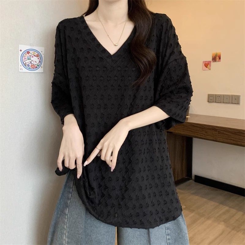 Mid-length Style V-neck T-shirt Loose Casual and Versatile Short-sleeved Top