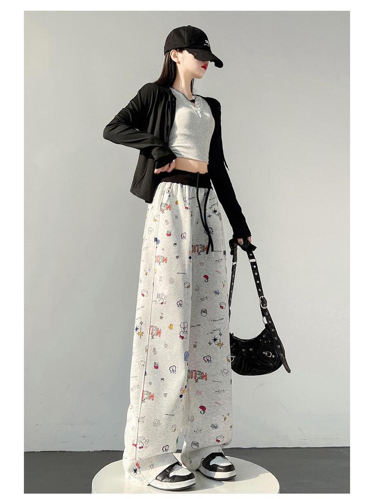 Authentic 2026 Hand-painted Graffiti Sweatpants for Women - Spring/Summer, Elastic Waist, Curved Leg, Casual Drawstring Fit