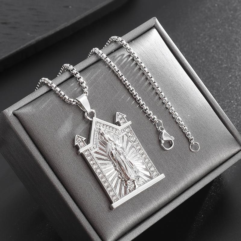 Classic Catholic Virgin Mary Square Pendant Necklace for Men Women Christian Religious Prayer Amulets Jewelry Gifts