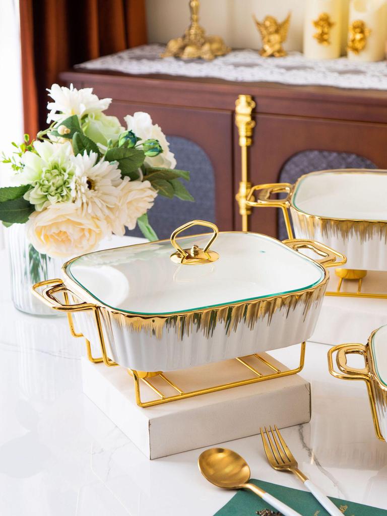 Rectangular Golden Ceramic Baking Casserole Pot with Stand