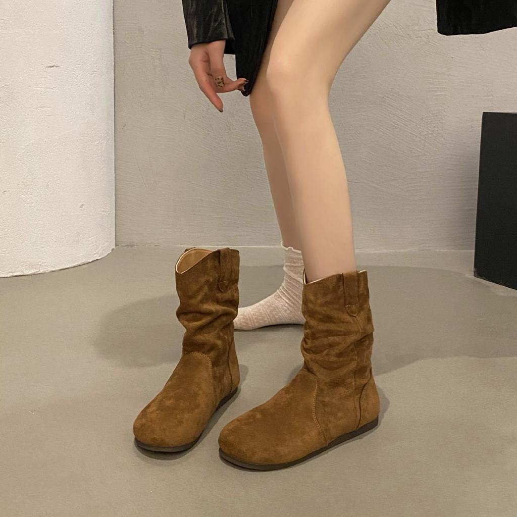 Soft-soled inner height-increasing short boots women's western boots spring slimming one-pedal round-head stacking boots retro Martin boots