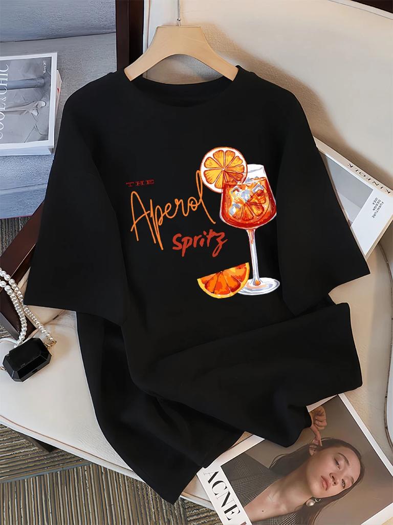 Lemon Red Wine Printed Women Short Sleeve Round Neck T-shirt for Women Y2K Top New Fashion Comfortable Summer Women Clothes