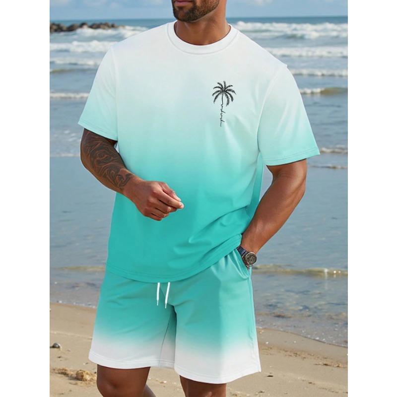 Herren Kurzarm Set Farbverlauf Print T-Shirts Shorts mit Kordelzug Urlaubsstrand Kurzarm Oberteil Shorts Zweiteiliges Set