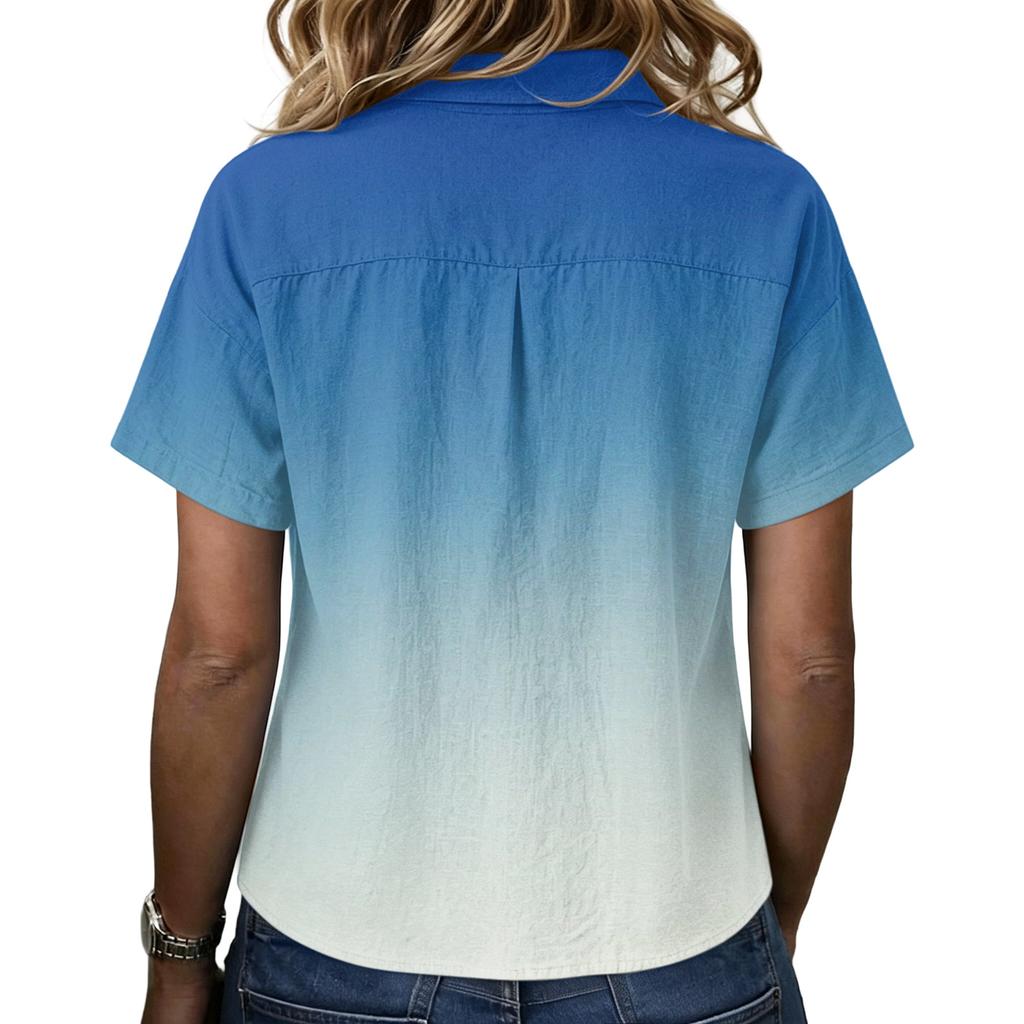 Women Loose Fit Short Sleeve Polo Shirt Vintage Floral Print Button Down Collar Linen Blend Casual Top