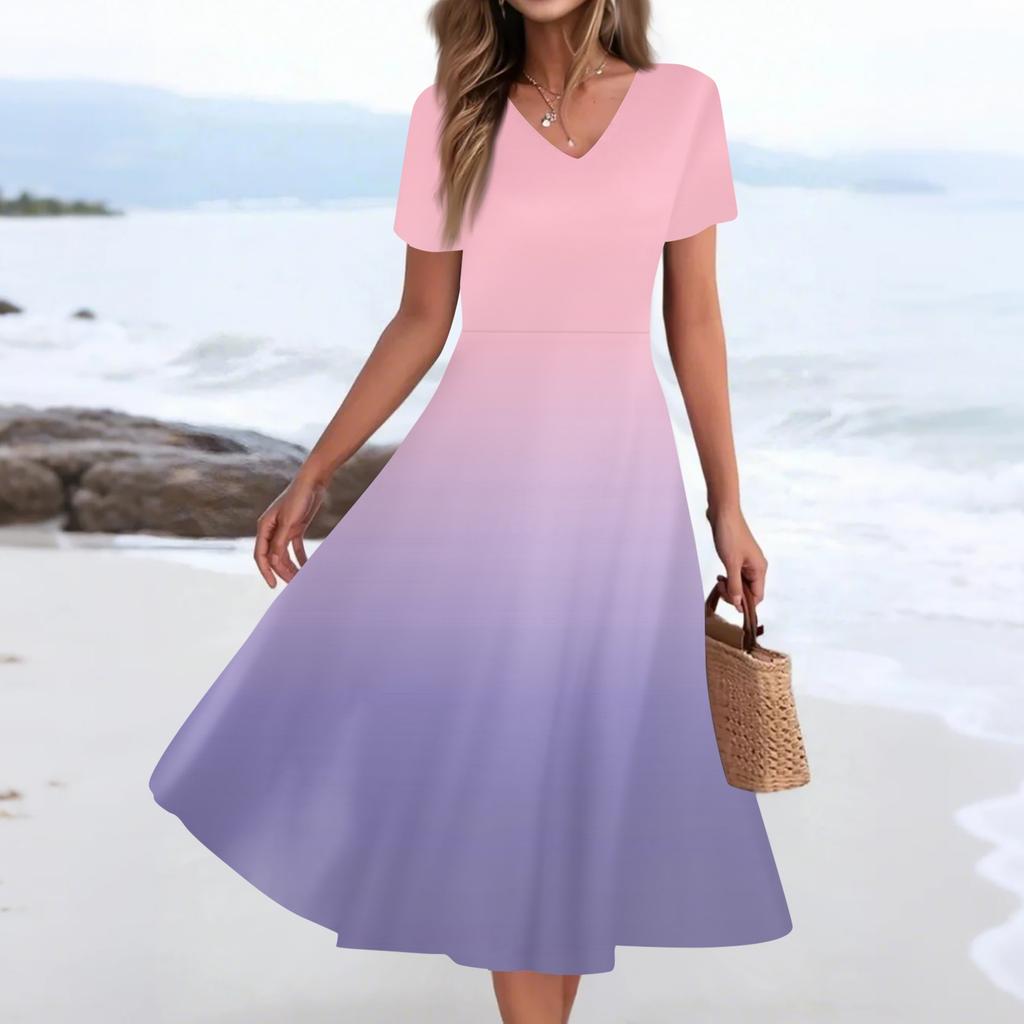 Damen Sommer Freizeitmode Druck Tasche Kurzarm V-Ausschnitt Schwingkleid