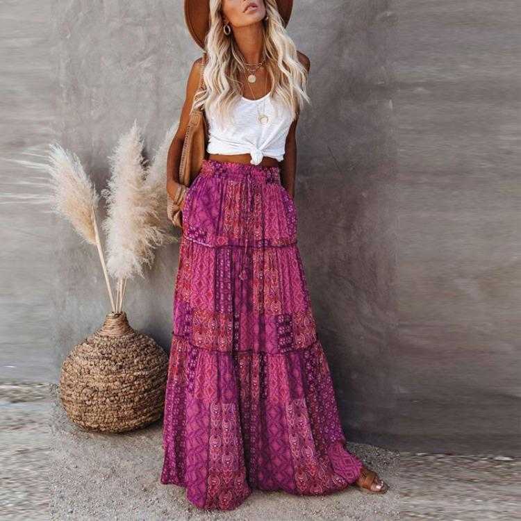 Bohemian Print Women's Long Skirt High Waist Elastic Waist Loose Casual Fashion Tie