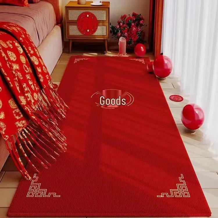 Festive Red Velvet Wedding Bedside Rug - Elegant Chinese-Inspired Bedroom Carpet for Wedding Decor