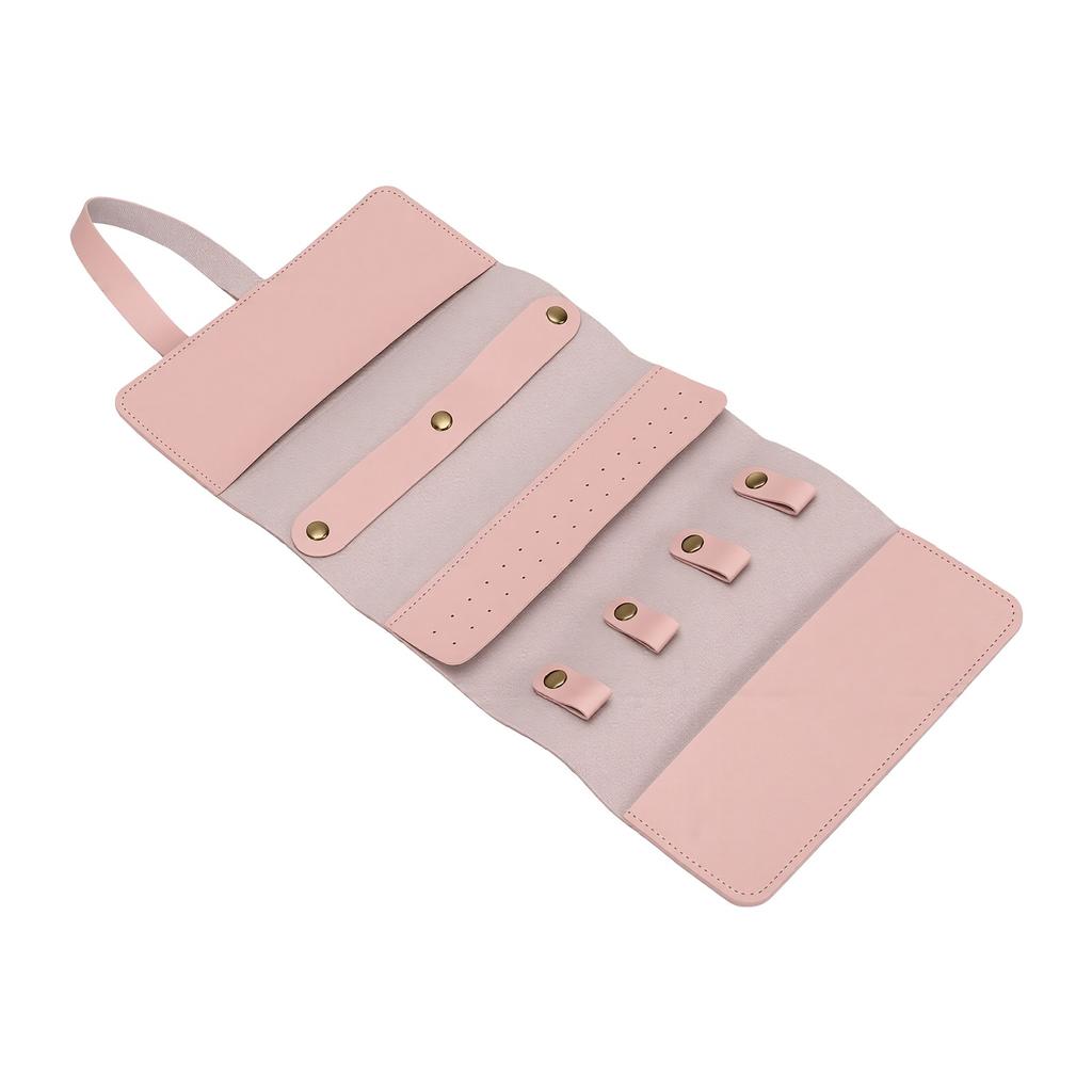 Travel Jewelry Bag Roll PU Leather Roll Up Jewelry Pouch with Multiple Pockets Pink