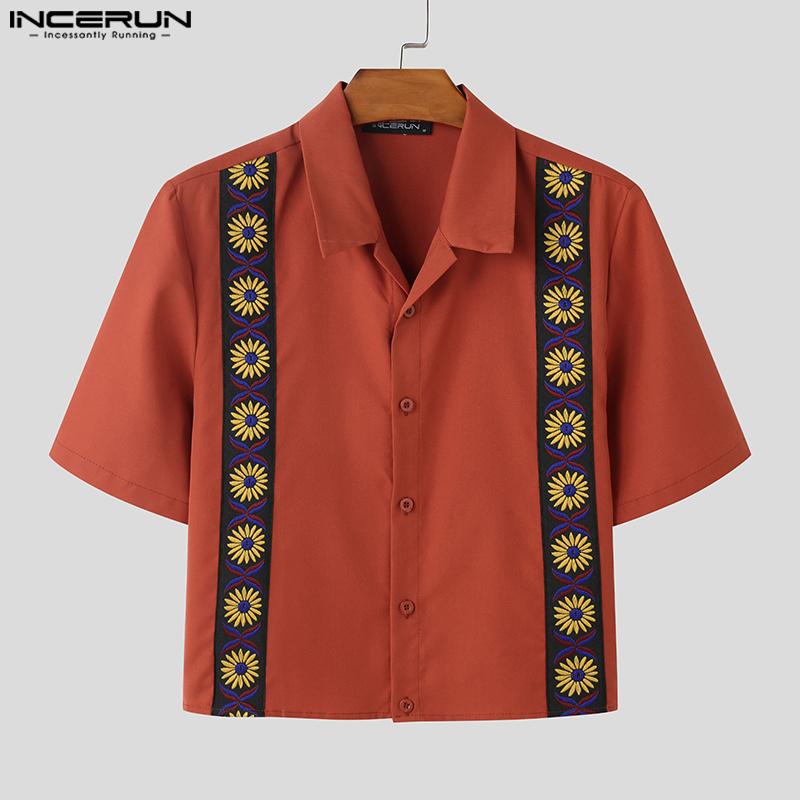 INCERUN Summer Men Lapel Short Sleeve Button Embroidery Casual Loose Short Shirts