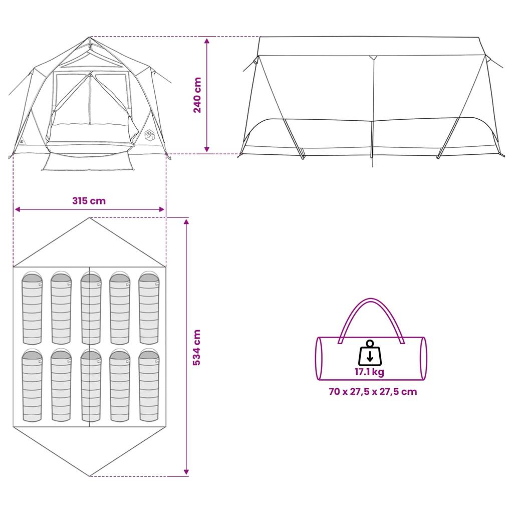 Tunnel Tent with Roof Green 10 Person Capacity Polyester and Steel