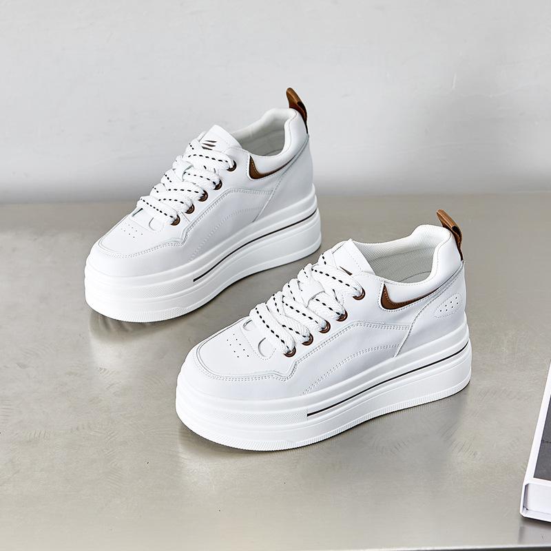 Весна Осень Натуральная Кожа Женские Плоские Туфли на Платформе Бренд Белые Туфли Милые Женские Туфли для Увеличения Роста 8см 34 коричневыйбелый 3669₽