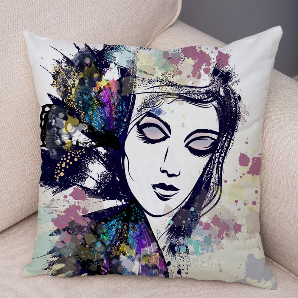 Boho Woman Art Pillowcase Double Print Fashion Lady Cushion Cover Soft Plush Portrait Pillowcase Bedroom Decor