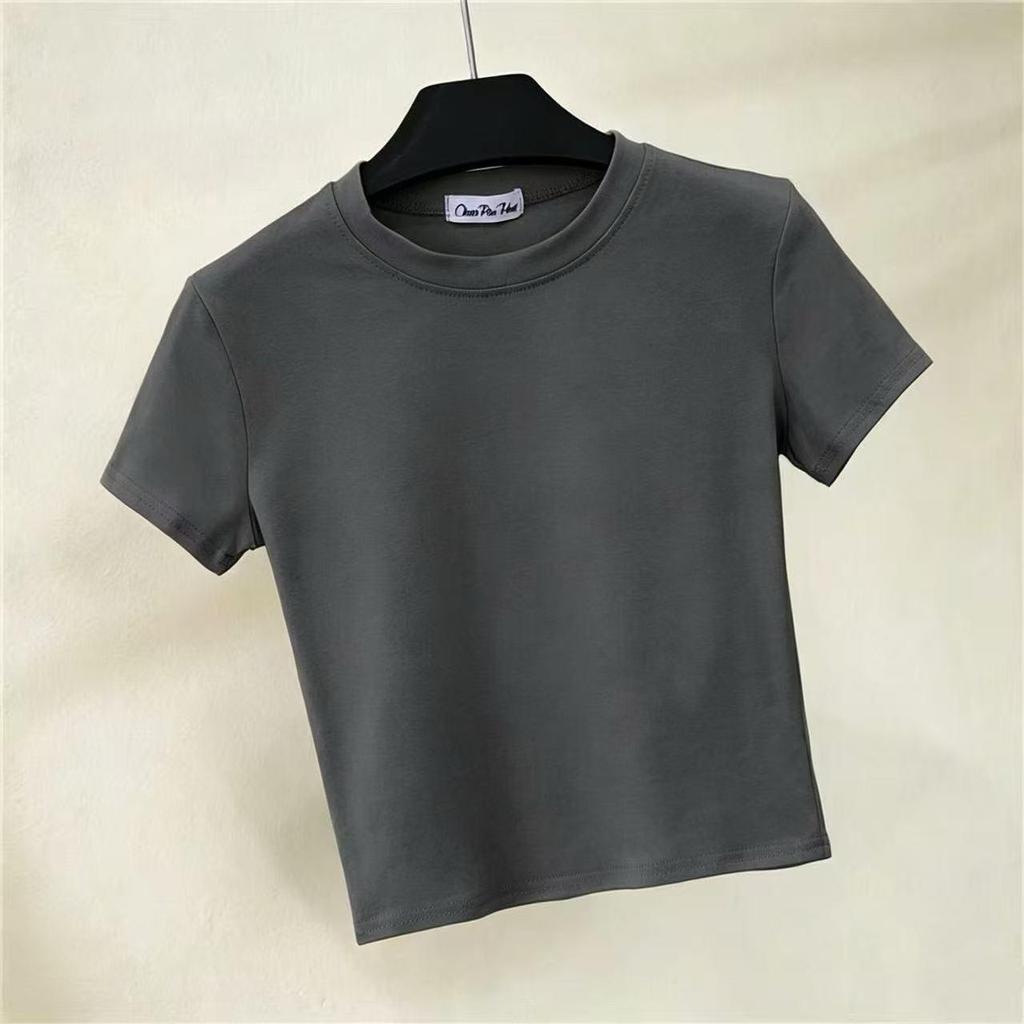 Women's High Neck Short Sleeve Crop Top - Summer Solid Color Sporty Belly Button Revealing Undershirt
