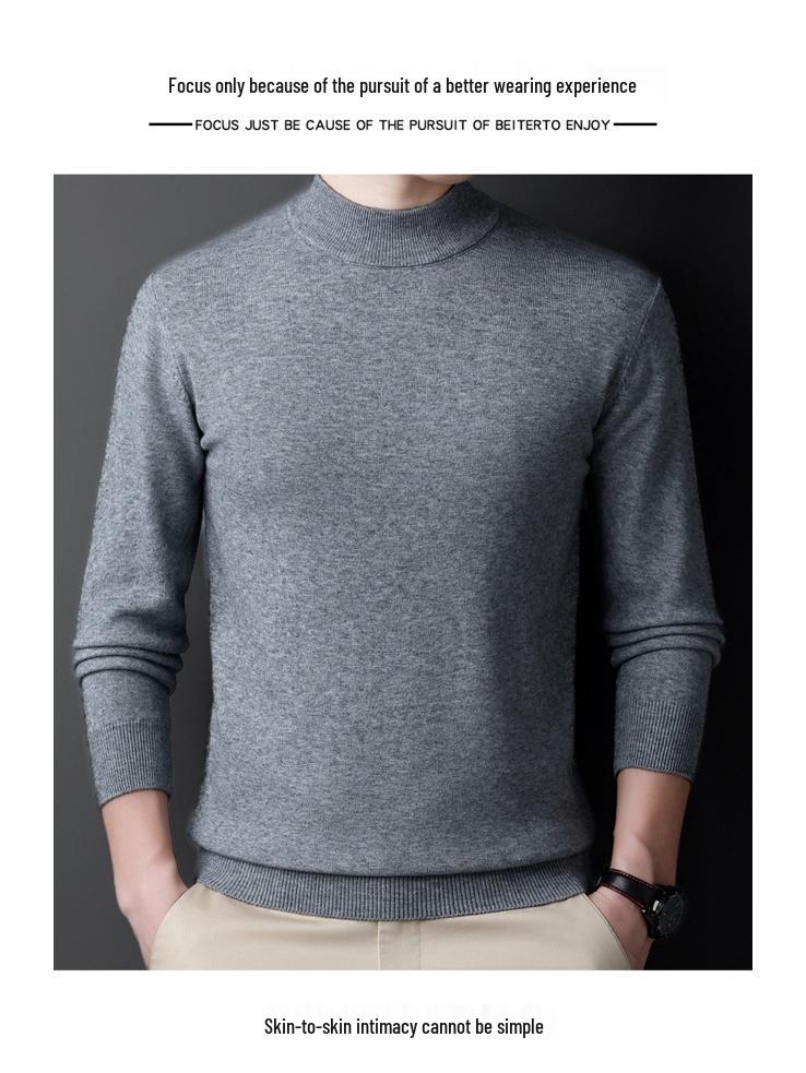 Men's 100% Cashmere Mid-Neck Black Sweater - Thickened Winter Base Layer
