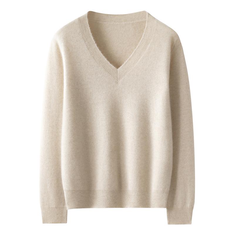 2025 Autumn/Winter Women's Cashmere V-Neck Sweater - Seven-Gauge, Long Sleeve, Loose Fit, Casual Base Layer