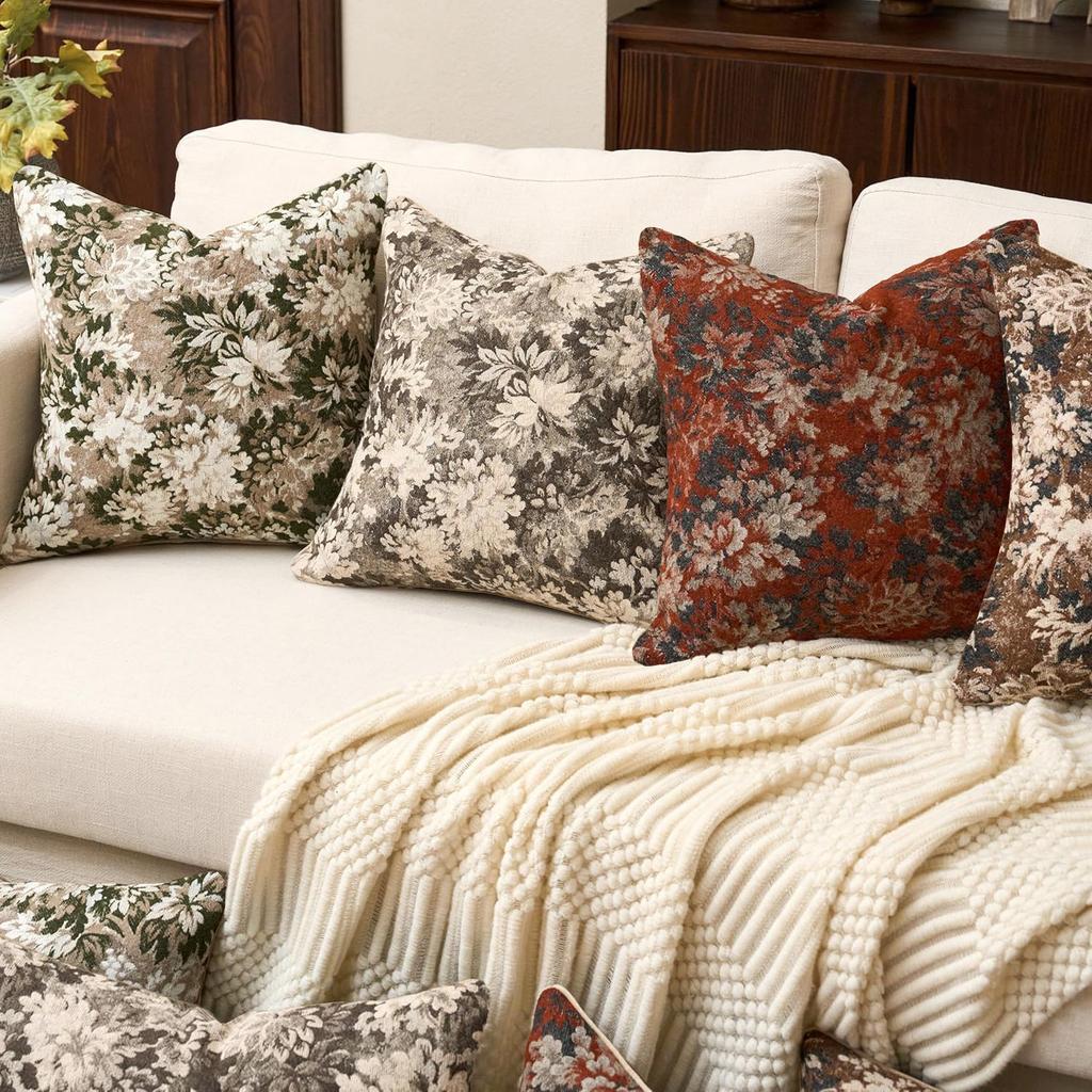Vintage Neutral Floral Jacquard Throw Pillowcase Soft Decorative Farmhouse Accent Couch Pillow Case for Home Living Room Bed