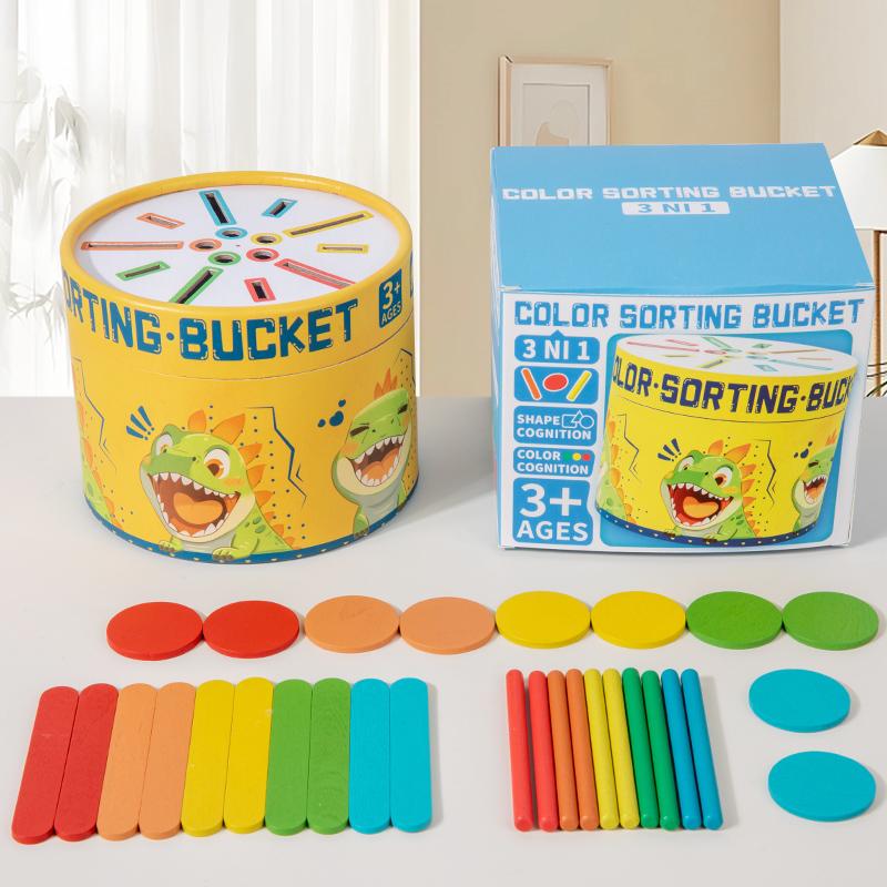 Kids Color Classification Cognition Cup Kindergarten Montessori Early Education Classification Bucket Colored Wooden Stick Toys
