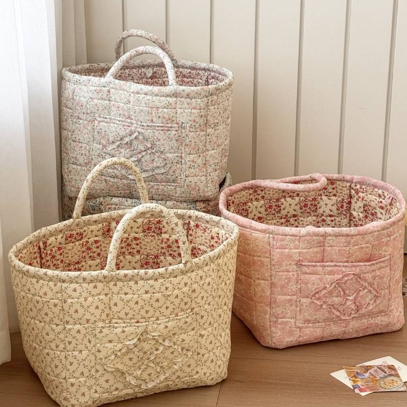 Floral Fabric Storage Basket With Foldable Handle For Home Organization And Gift Use