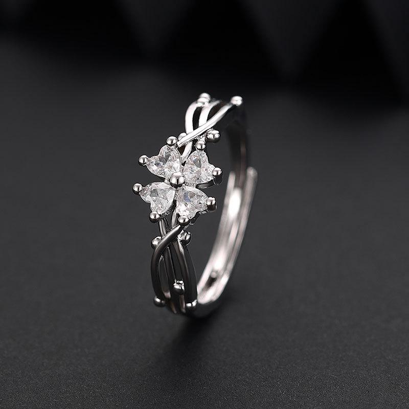 Four-leaf Clover Ring Women s Ins Niche Zircon Ring Light Luxury Versatile Index Finger Ring adjustable open band
