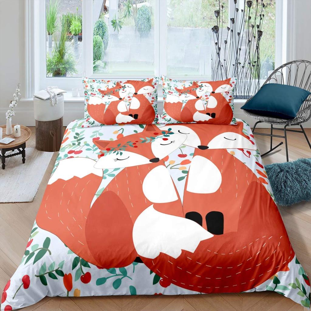Natural Bedding Set 3Pcs For Boys Girls Cartoon Wildlife Animal Flower Print Comforter Cover Green Microfiber Duvet Cover Set