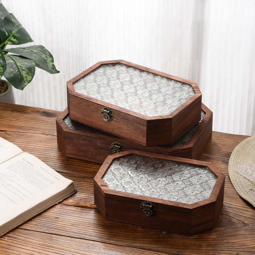 Flip Cover Wooden Storage Box Vintage Glass-Lid Box Minimalist Storage Cabinet  Perfume Storage