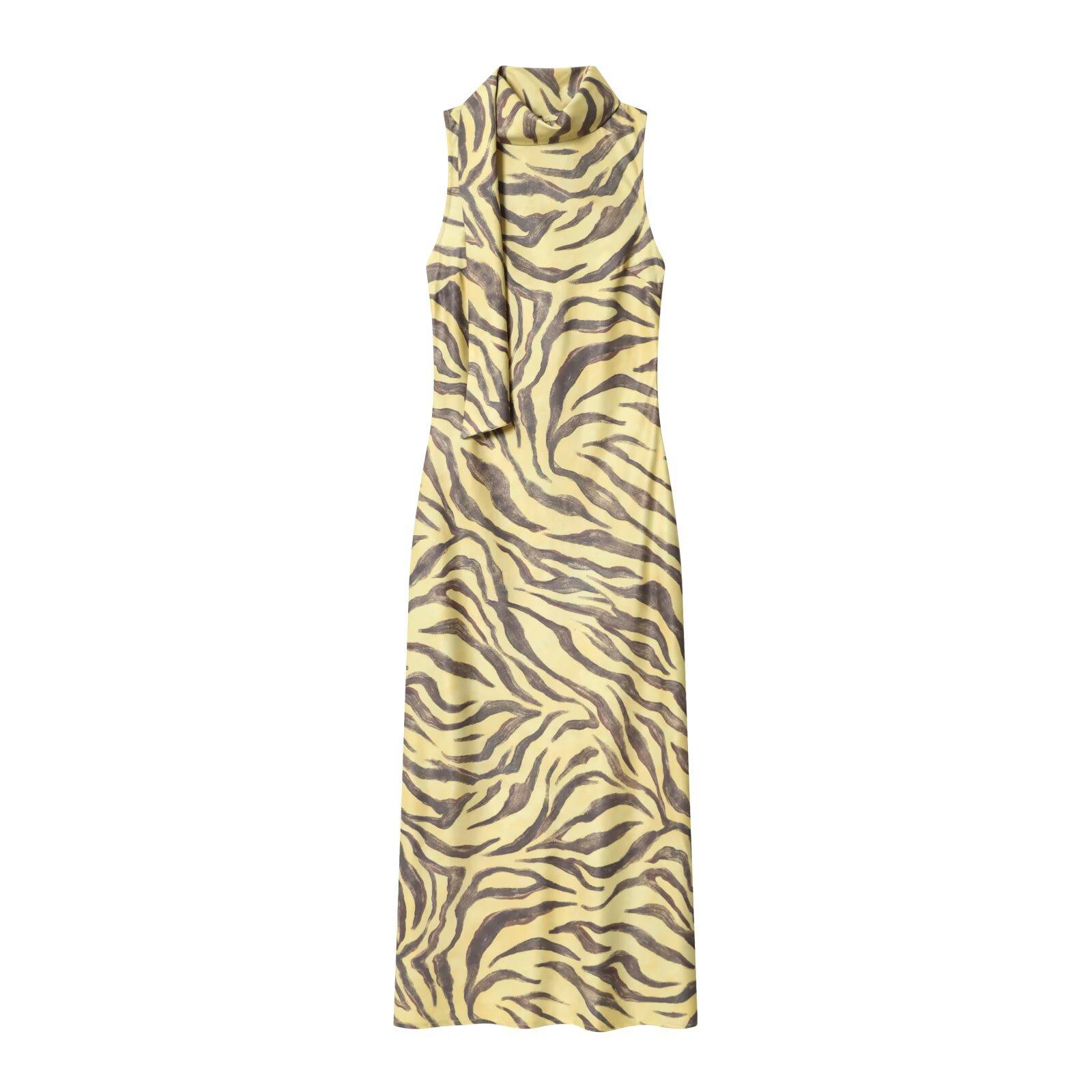 European and American style new women s fashionable sleeveless elegant sleeveless scarf collar zebra print dress S зебра печати