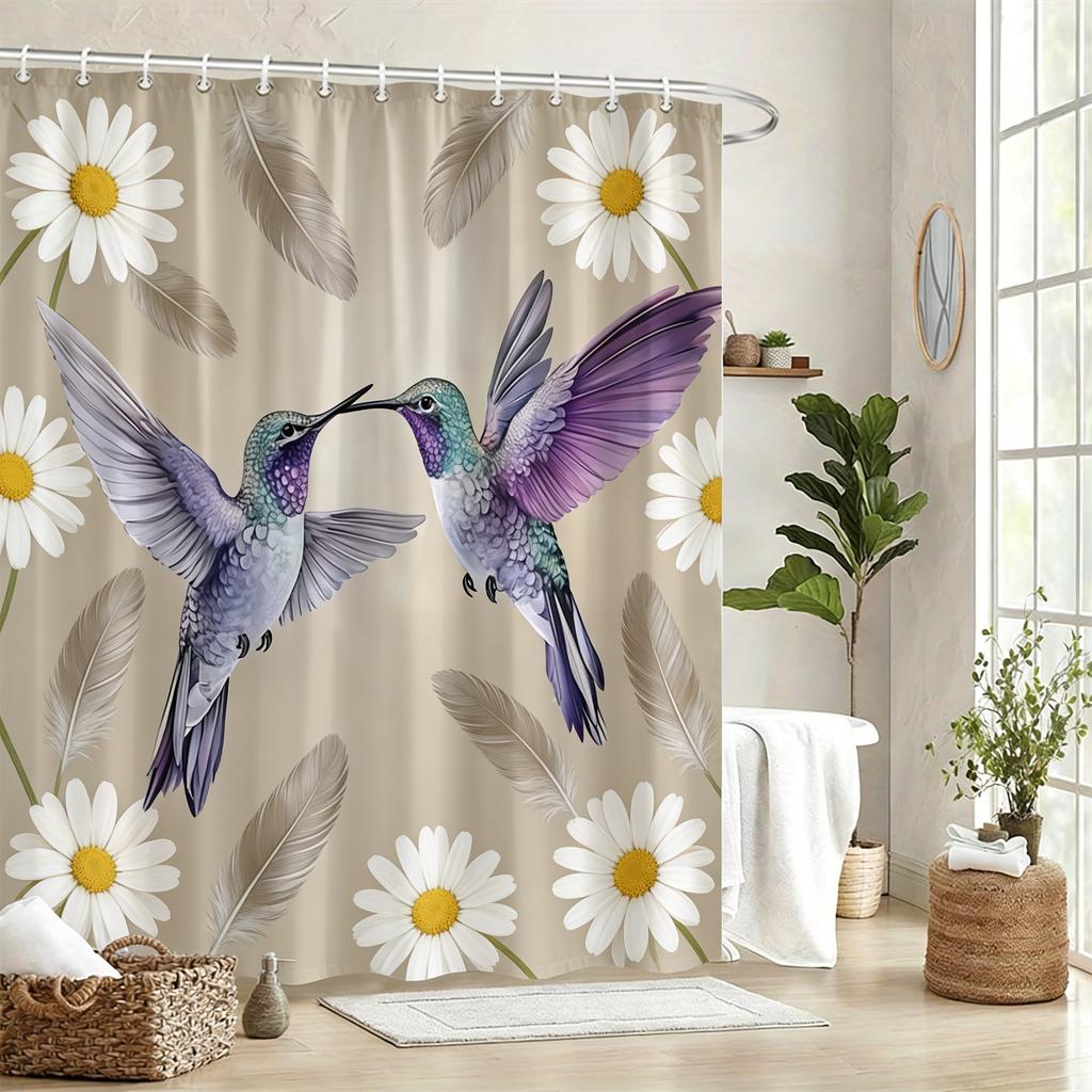Pair Of Green Hummingbirds & Lily Of The Valley Waterproof Shower Curtain For Bathroom Decor