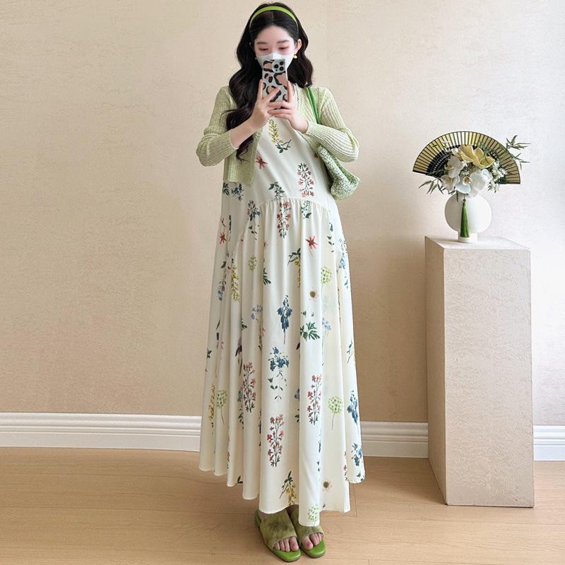 

2026 Fashion Korean Style Maternity Vest Dress & Cardigan Set - Small Floral Print XL