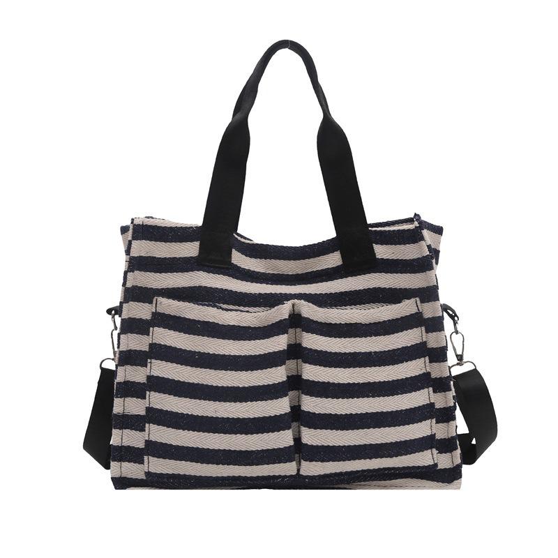 Literary Contrasting Color Canvas Bag Spring and Summer New Tote Bag Large Capacity Shoulder Underarm Striped Beach Bag