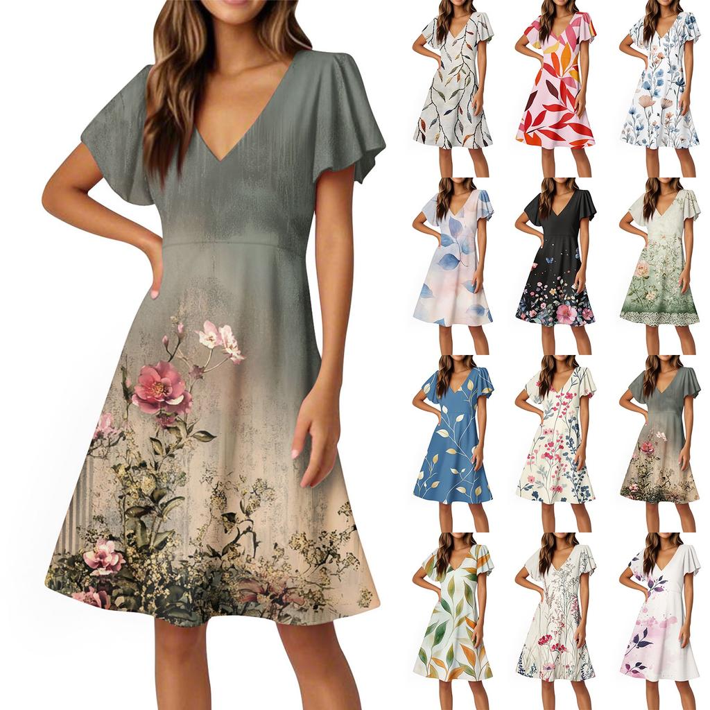 Women's Dress Flared Sleeve Short Sleeve Casual Floral V-neck Dress