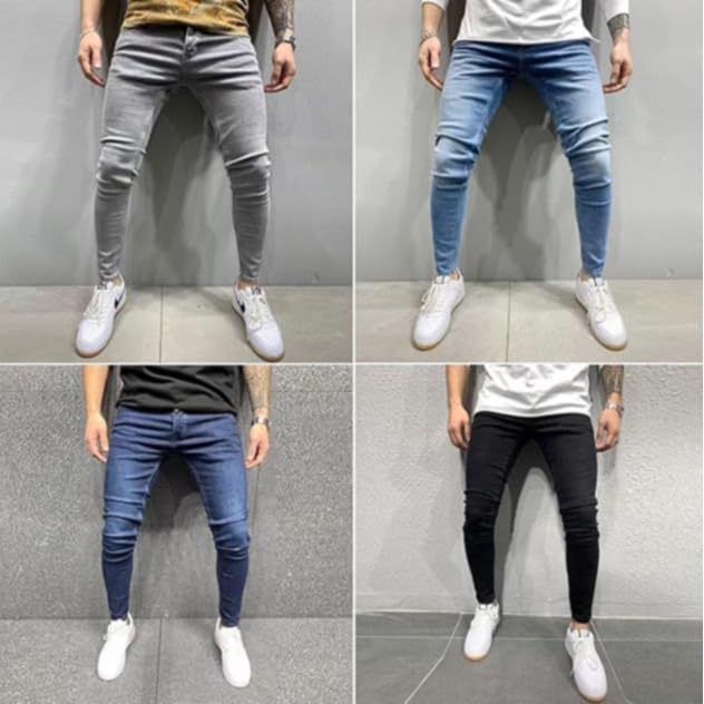 Petit De Français Men's Denim Jogger Pants, Distressed Jeans, Rider Jeans, Motorcycle Jeans, D-46 (L, Blue)